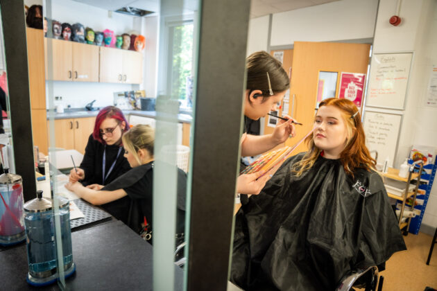 students working with customer