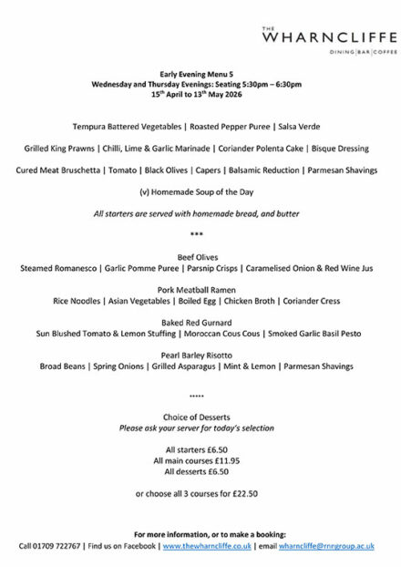 The Wharncliffe Evening Menu 5 - April 2026
