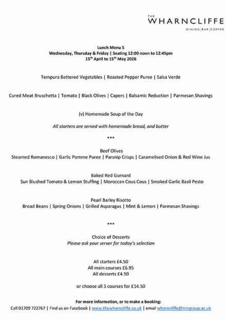 The Wharncliffe Lunch Menu 5 - April 2026