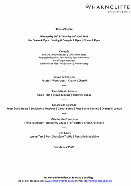 The Wharncliffe Taste of France Menu - April 2026